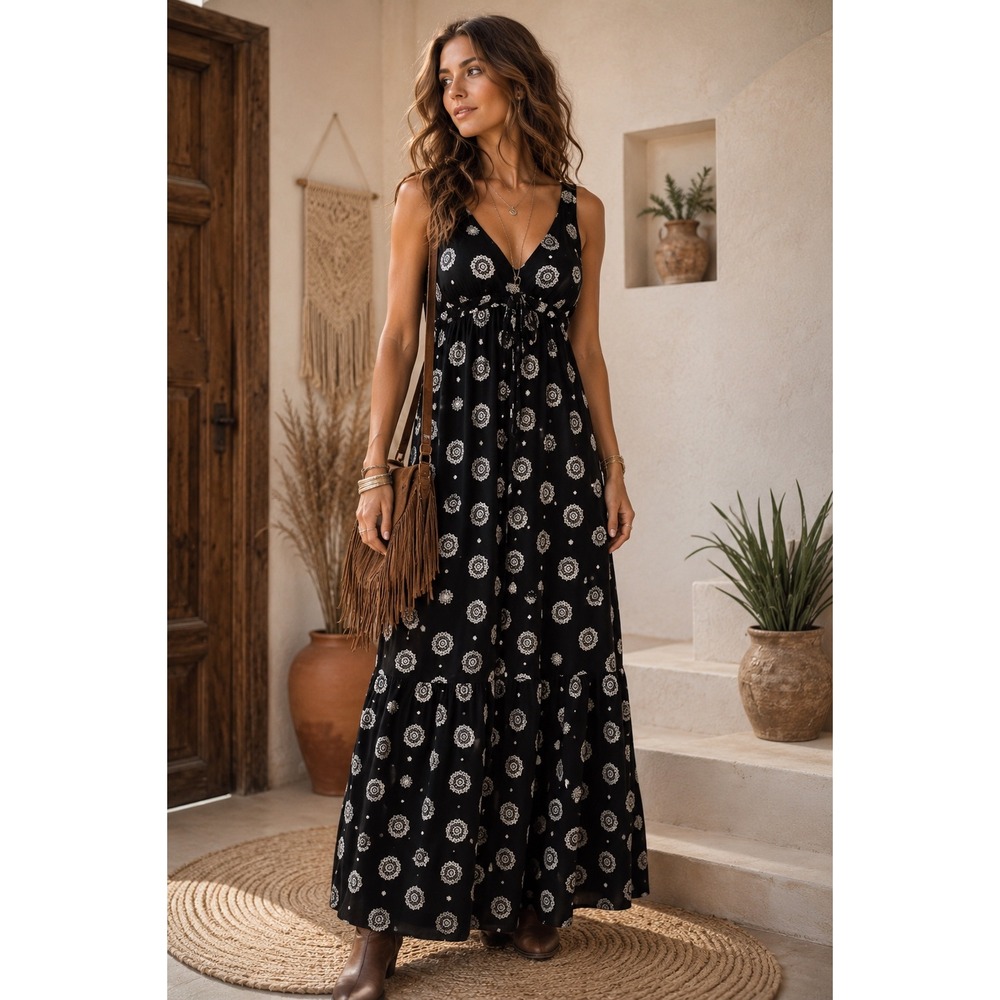 Speechless Black White Embroidered Medallion Boho Tiered Maxi Dress XS